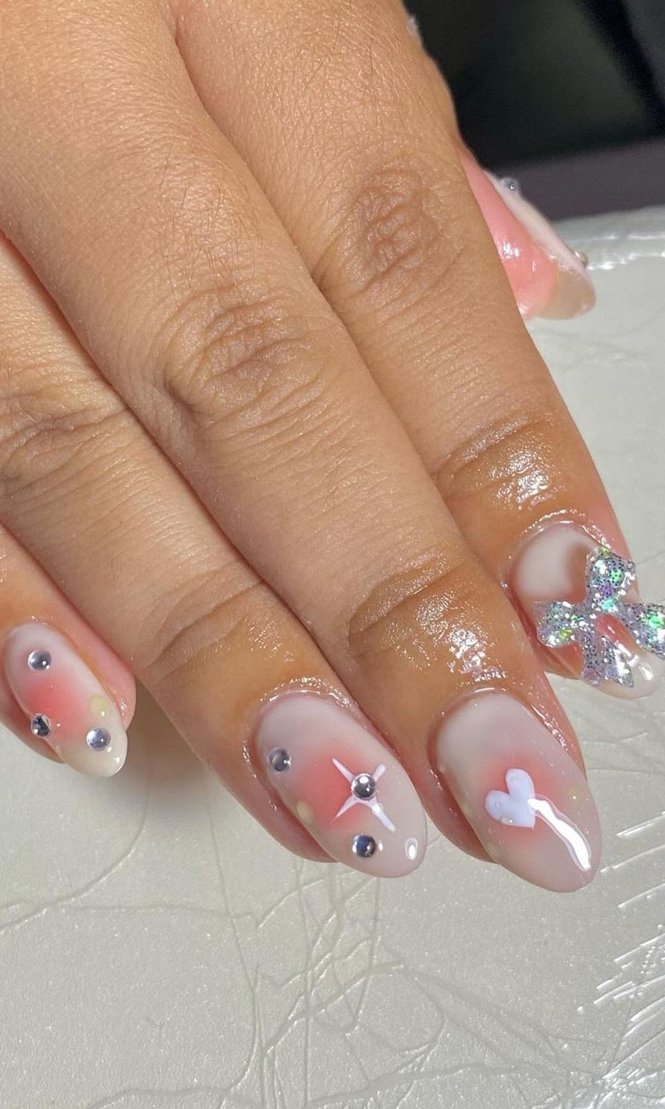 Blush Aura Nails with 3D Heart Charm Blush Aura Nails with 3D Heart Charm — Bridesmaid Nails Pink 2027