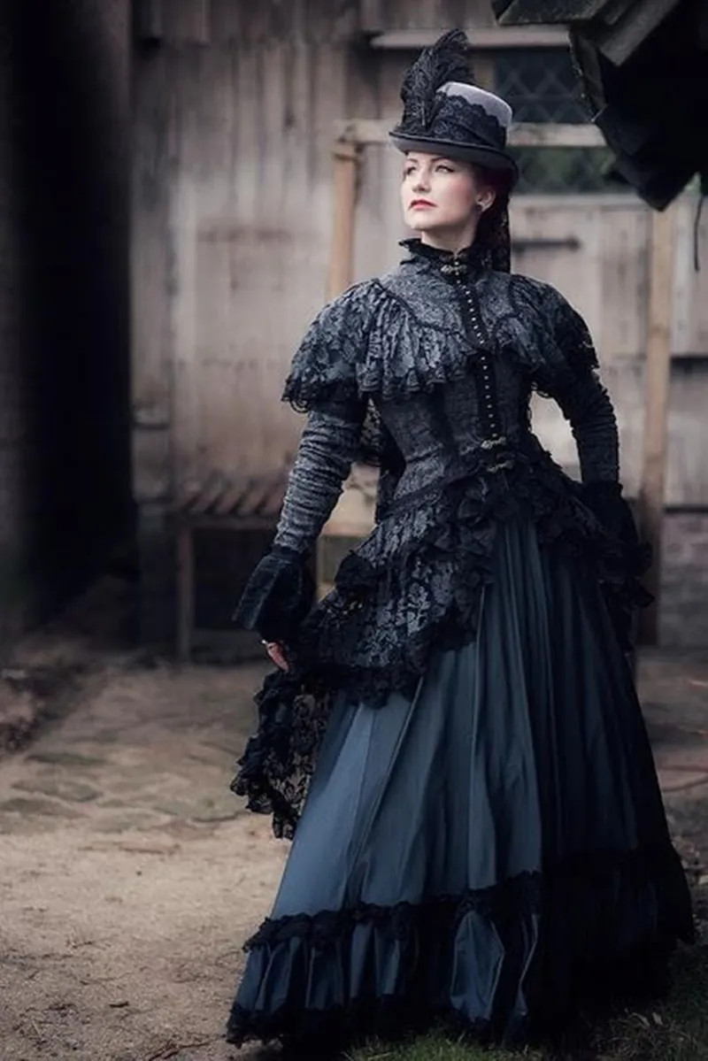 Lace Extravaganza: High-Neck Ruffled Bodice with Full Skirt and Feathered Hat Lace Extravaganza: High-Neck Ruffled Bodice with Full Skirt and Feathered Hat — Gothic Romantic Outfits 2027