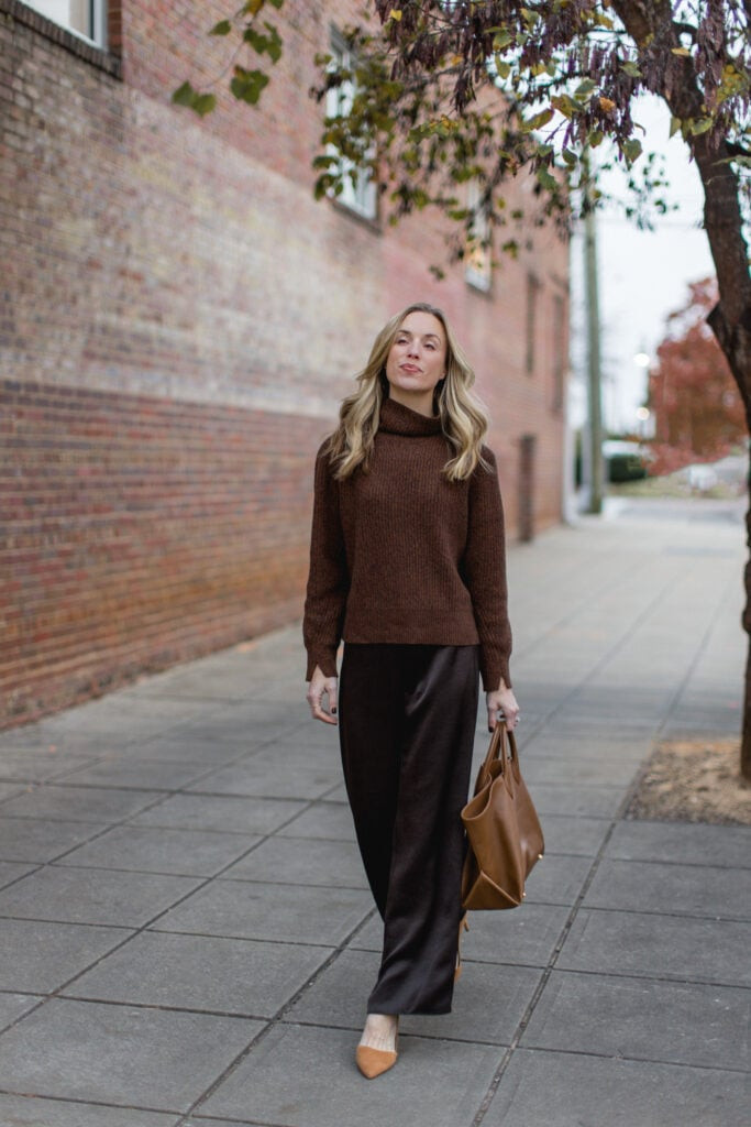 Relaxed Chocolate Brown Knit and Satin Ensemble Relaxed Chocolate Brown Knit and Satin Ensemble — Chocolate Brown Outfits 2027