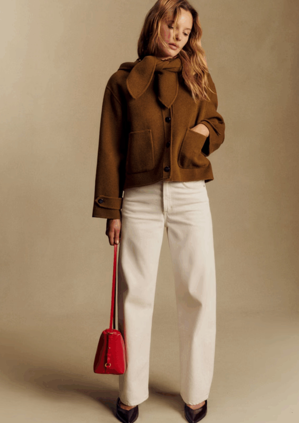 Cropped Wool-Blend Jacket with Wide-Leg Trousers and Red Handbag — French Girl Outfits 2027
