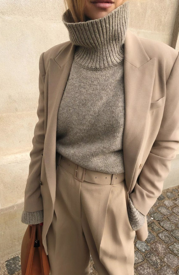 Grey Turtleneck Under Oversized Beige Blazer Grey Turtleneck Under Oversized Beige Blazer — Turtleneck Sweater Outfits 2027