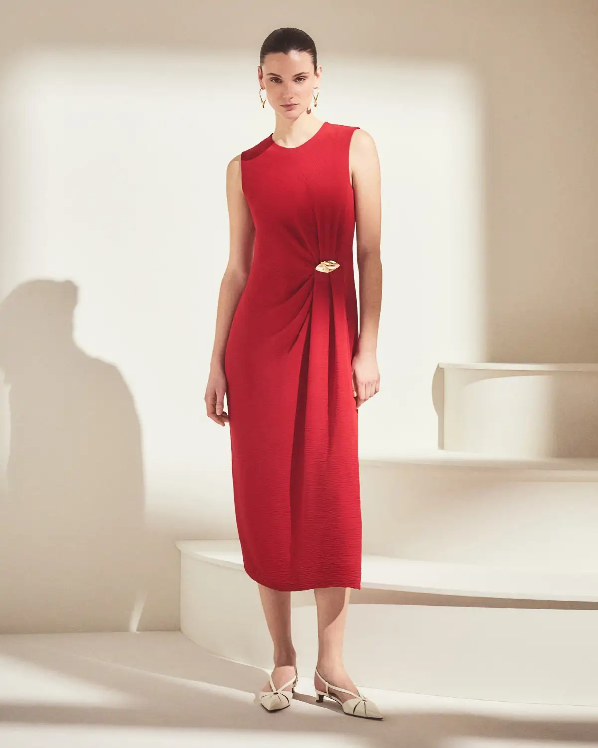 Red Textured Crepe Midi Dress with Gold Brooch Detail Red Textured Crepe Midi Dress with Gold Brooch Detail — Church Dresses 2027