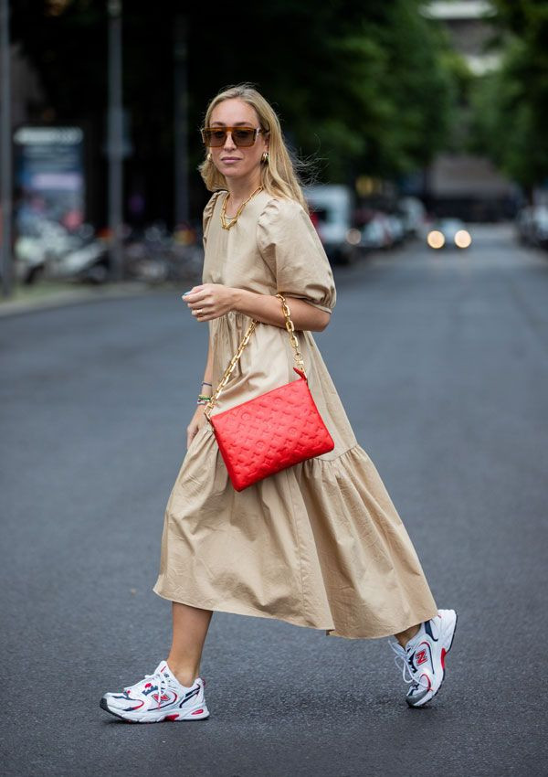 Tiered Midi Dress with Red and White Sneakers Tiered Midi Dress with Red and White Sneakers — Spring Outfits 2027 with Sneakers