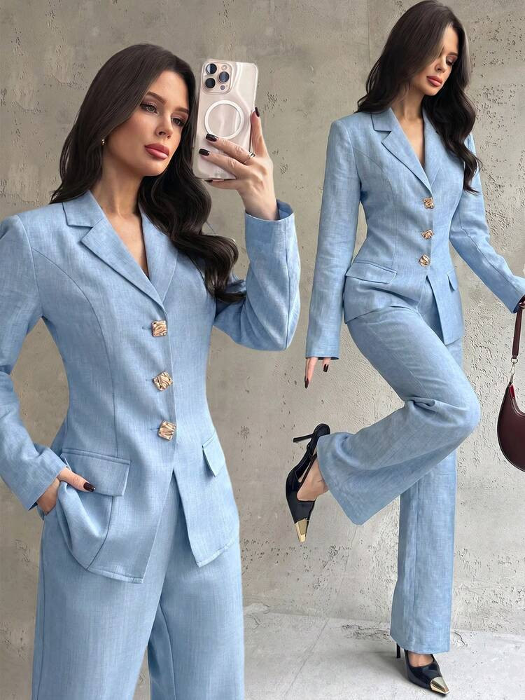 Baby Blue Linen-Like Suit with Flared Trousers for Smart Casual Appeal Baby Blue Linen-Like Suit with Flared Trousers for Smart Casual Appeal — Baby Blue Outfits 2027