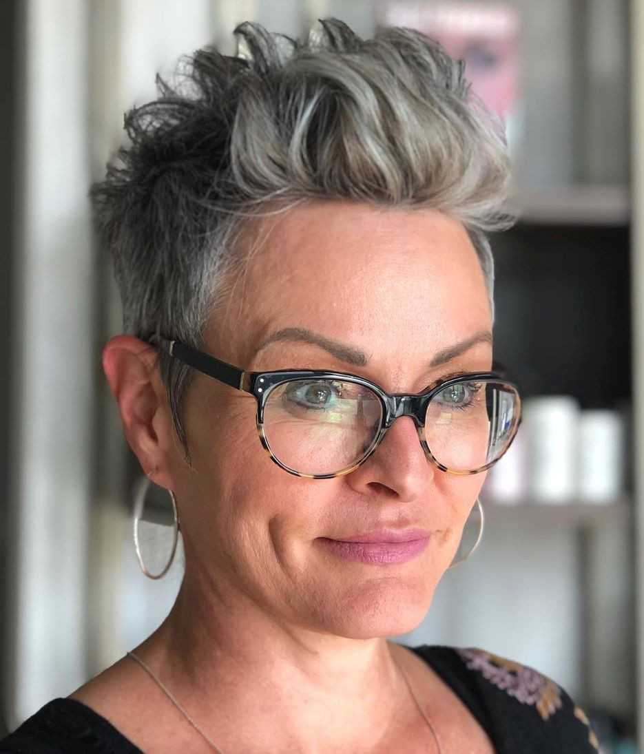 Textured Grey Pixie With Tortoiseshell Glasses Textured Grey Pixie With Tortoiseshell Glasses — Hairstyles 2027 with Glasses