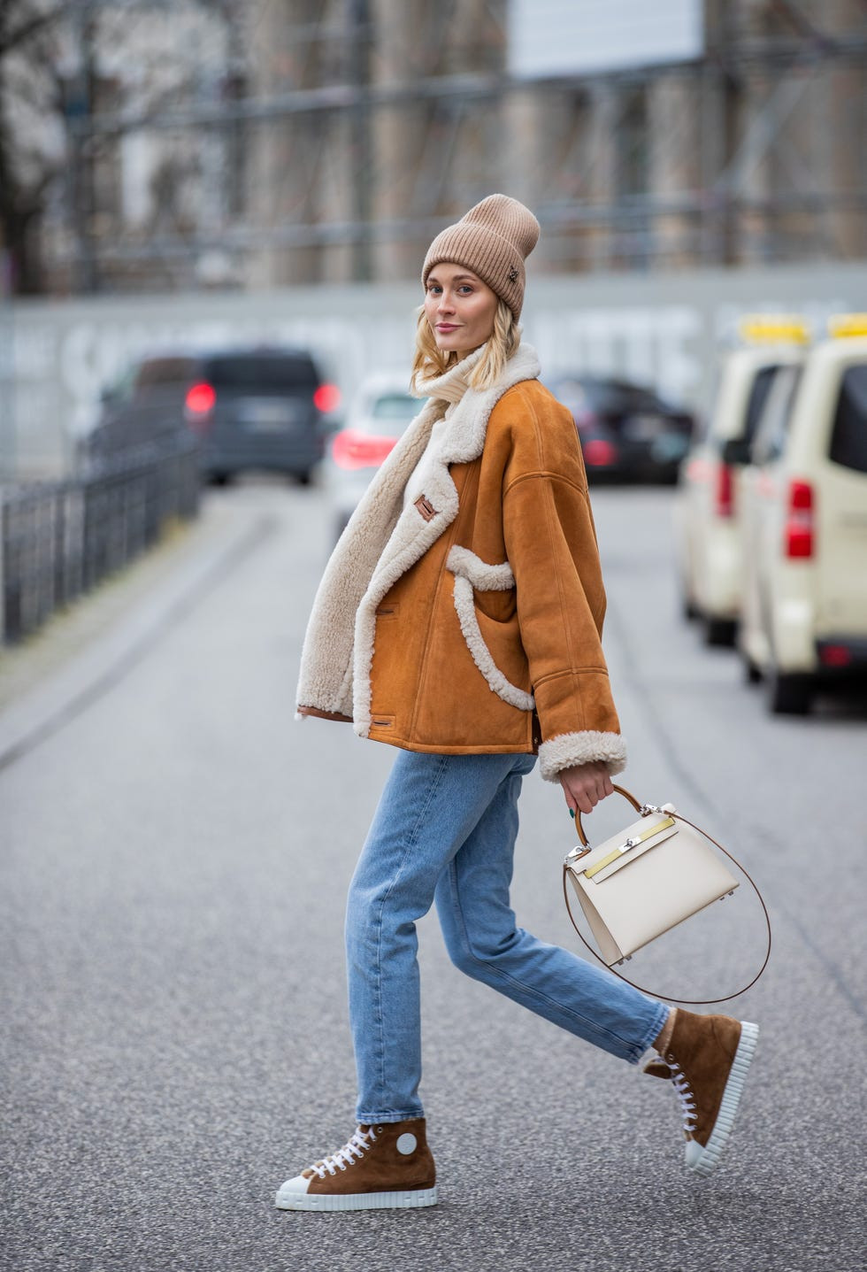 Tan Shearling Jacket with High-Top Sneakers Tan Shearling Jacket with High-Top Sneakers — Winter Casual Outfits 2027