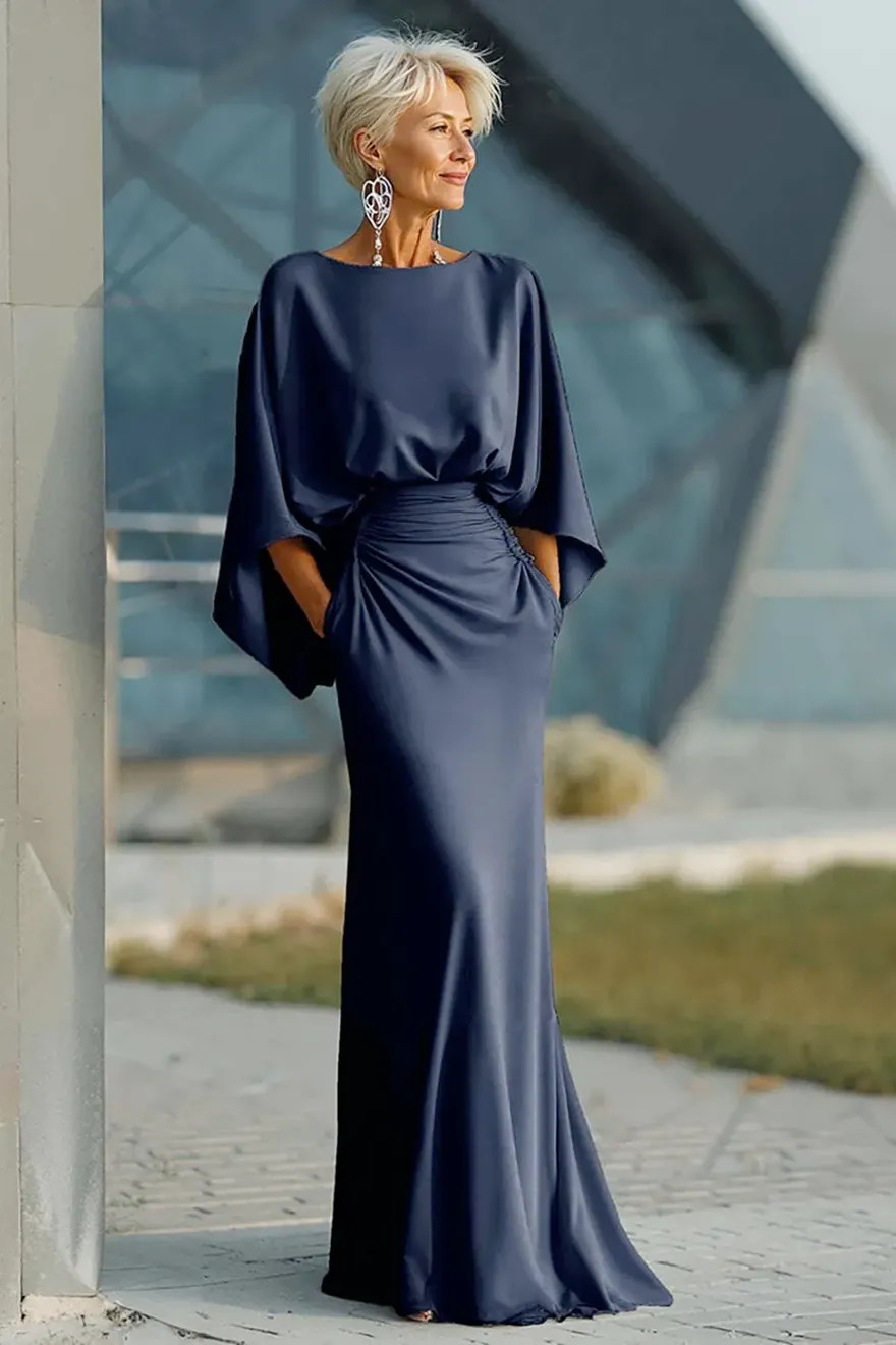 Navy Satin Batwing Sleeve Dress with Ruched Waist Navy Satin Batwing Sleeve Dress with Ruched Waist — Modest Dresses 2027