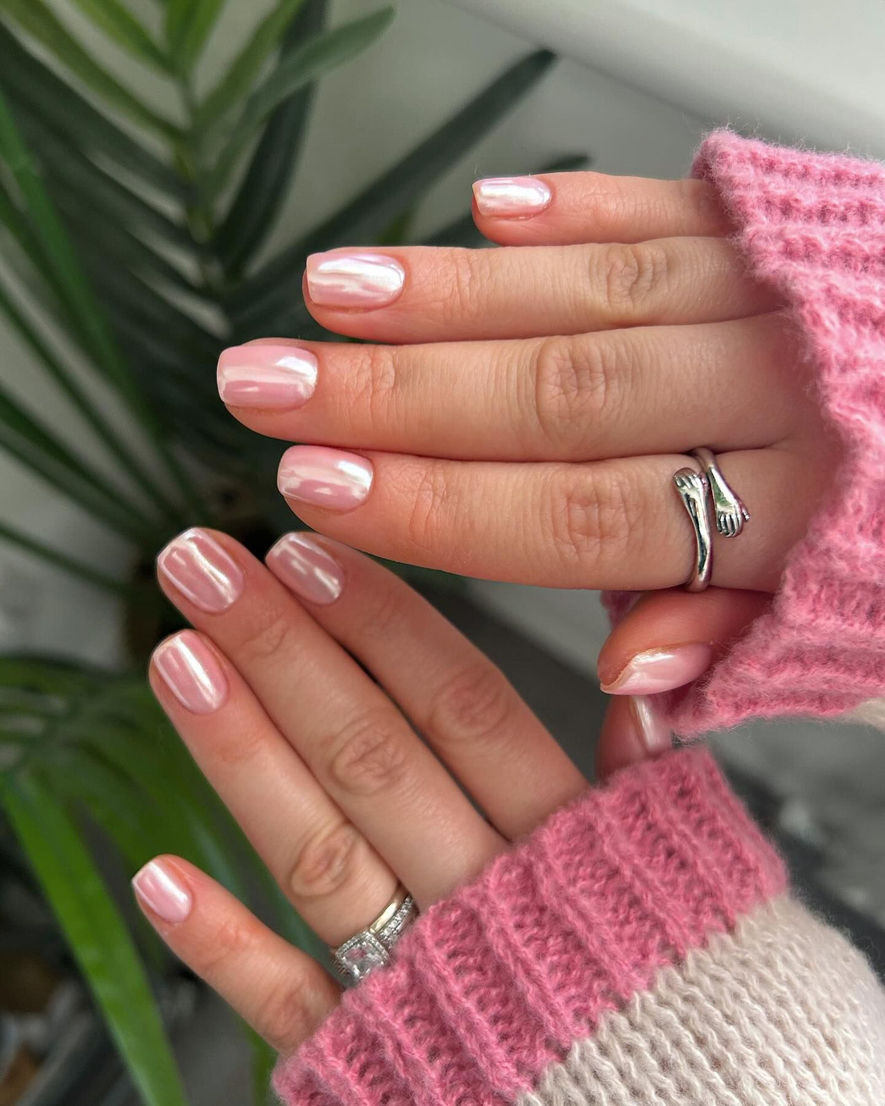 None Pearlescent Pink Chrome Medium Almonds — Pink Chrome Nails 2027