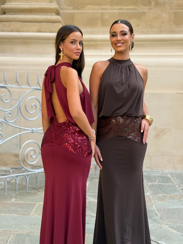 Maroon Halter Dress with Sequined Skirt Maroon Halter Dress with Sequined Skirt — 18th Birthday Outfits 2027
