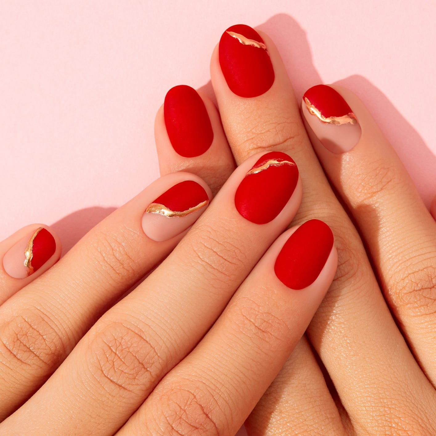 Matte Red and Gold Foil Cuticle Nails Matte Red and Gold Foil Cuticle Nails — Winter Red Nails 2027