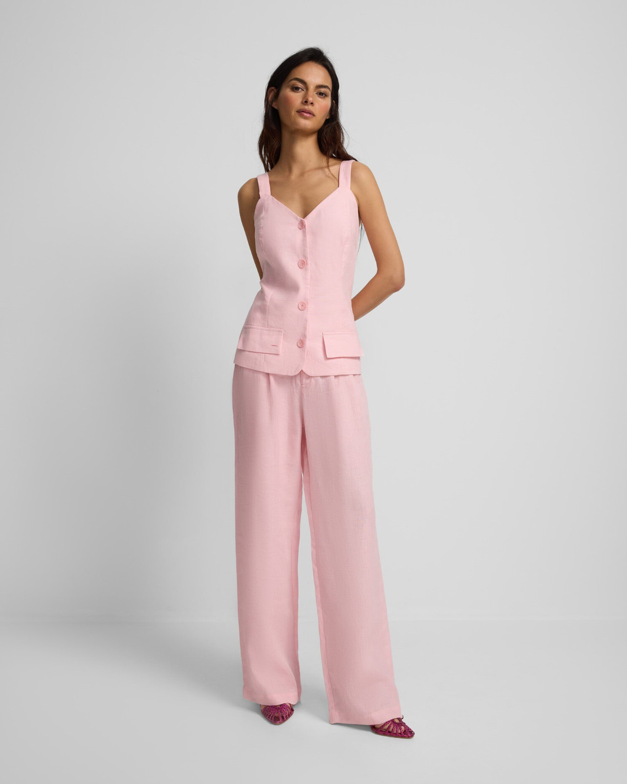 Pale Pink Suit Set with Button-Front Vest and Wide-Leg Trousers Pale Pink Suit Set with Button-Front Vest and Wide-Leg Trousers — Graduation Party Outfits 2027