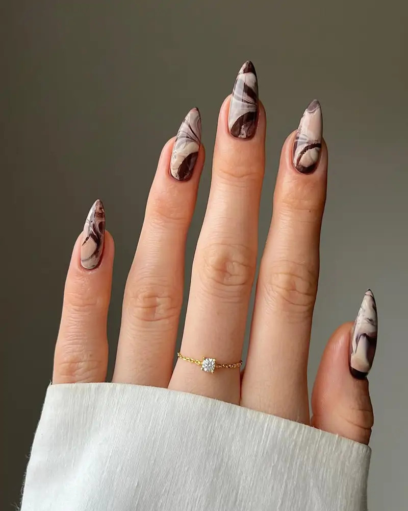 Brown Marble French Tip Almonds Brown Marble French Tip Almonds — Mocha Nails 2027
