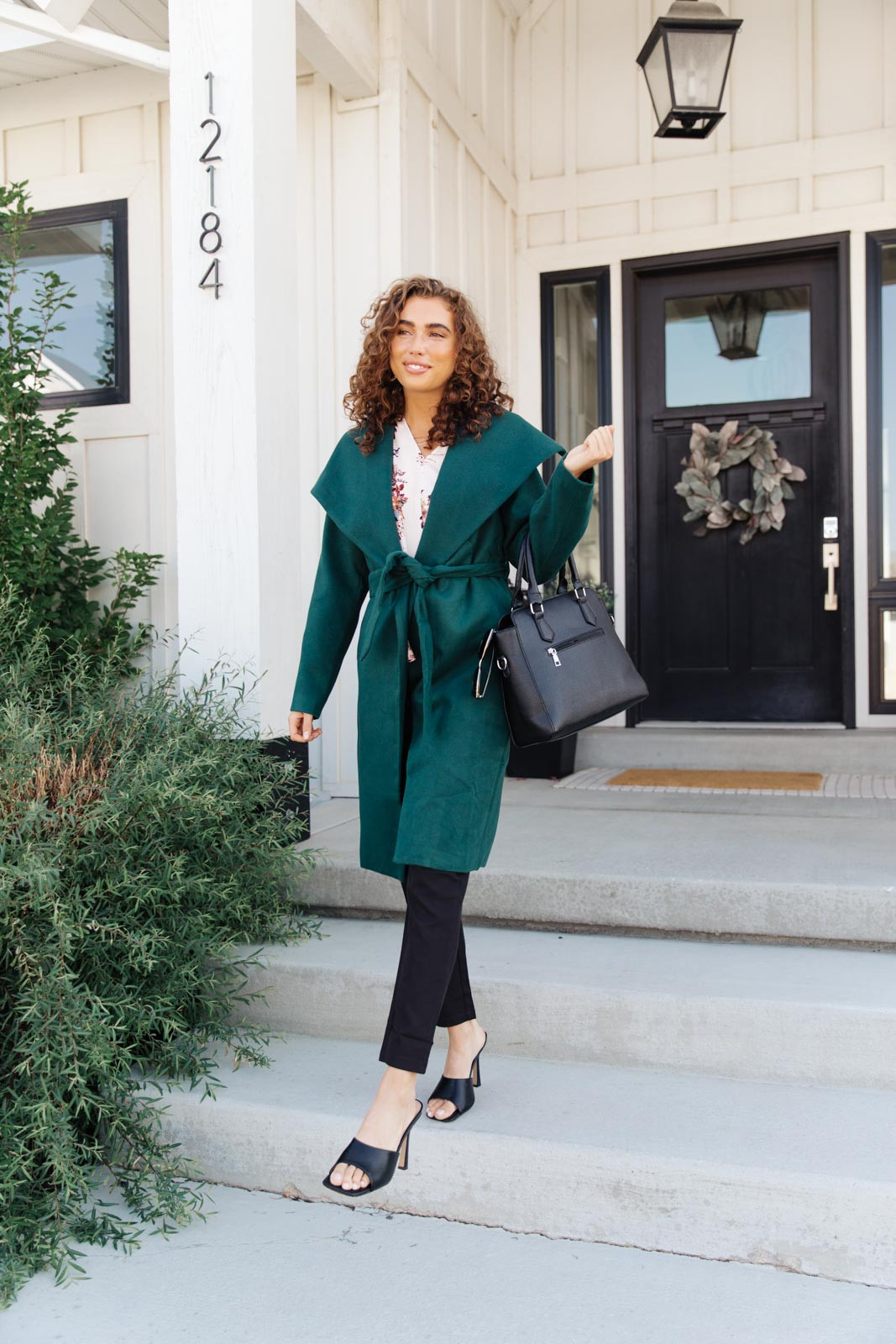 Forest Green Tie-Waist Coat Over Black Trousers Forest Green Tie-Waist Coat Over Black Trousers — Forest Green Outfits 2027