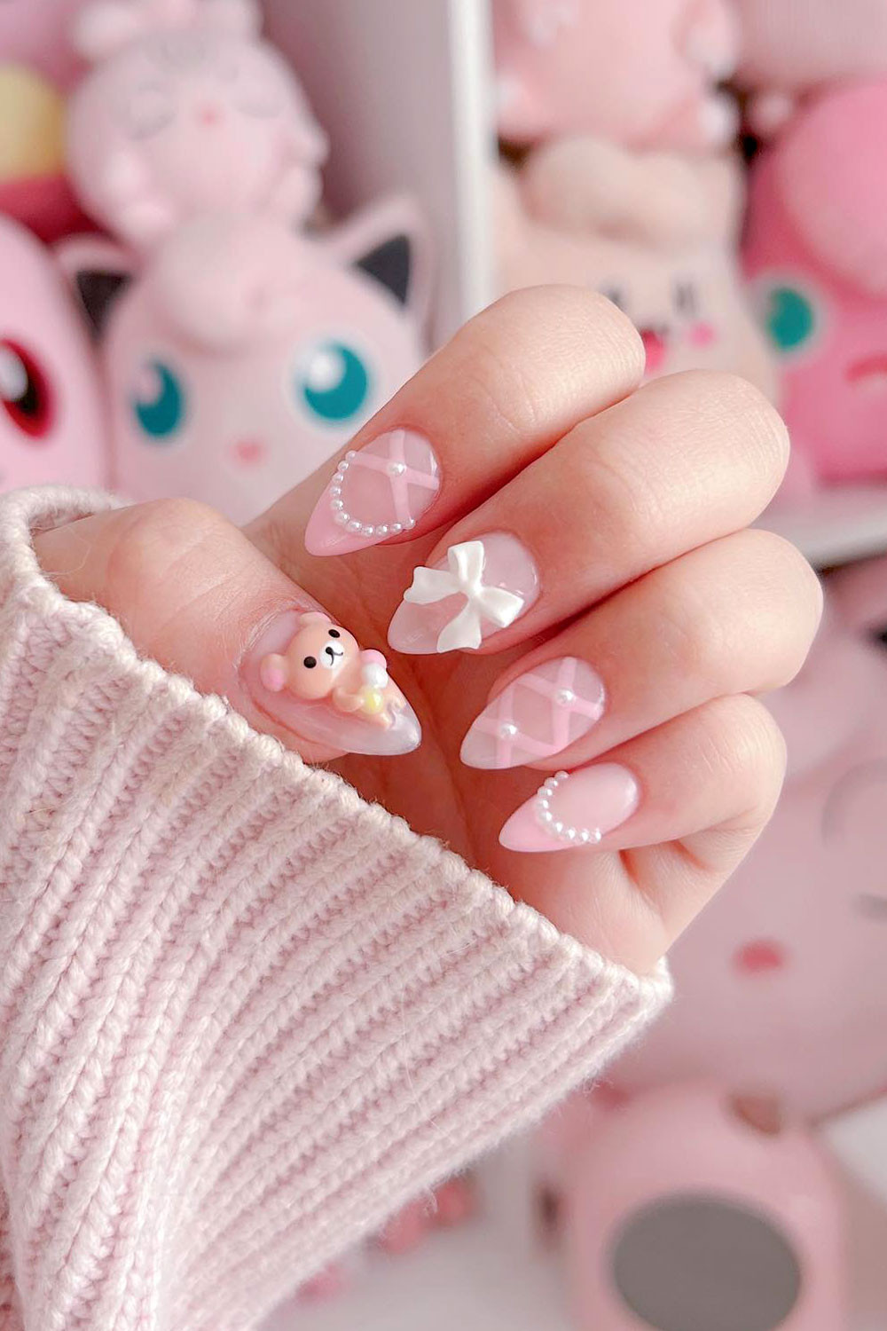 Pale Pink 3D White Bow Pearl Cuticle Almond Nails — The Finish Is Glossy Short Bow Nails 2027