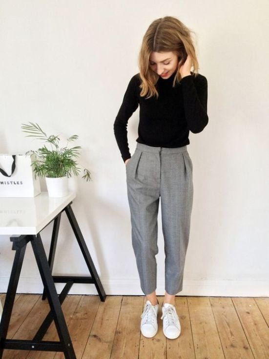 Pleated Trousers with Long-Sleeve Top and Sneakers — Casual Teacher Outfits 2027
