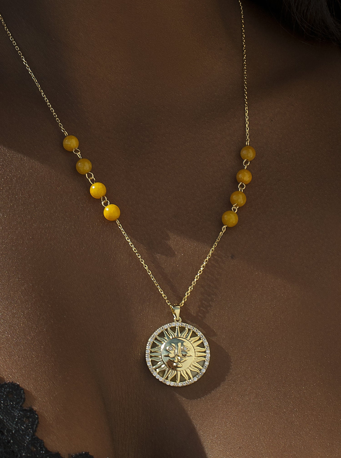 Sun Face Pendant Necklace Accented with Orange Beads Sun Face Pendant Necklace Accented with Orange Beads — Locket Necklaces 2027