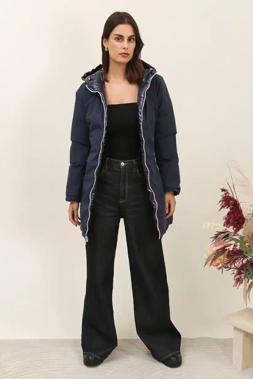Navy Puffer Jacket with Wide-Leg Jeans Navy Puffer Jacket with Wide-Leg Jeans — Winter Navy Outfits 2027