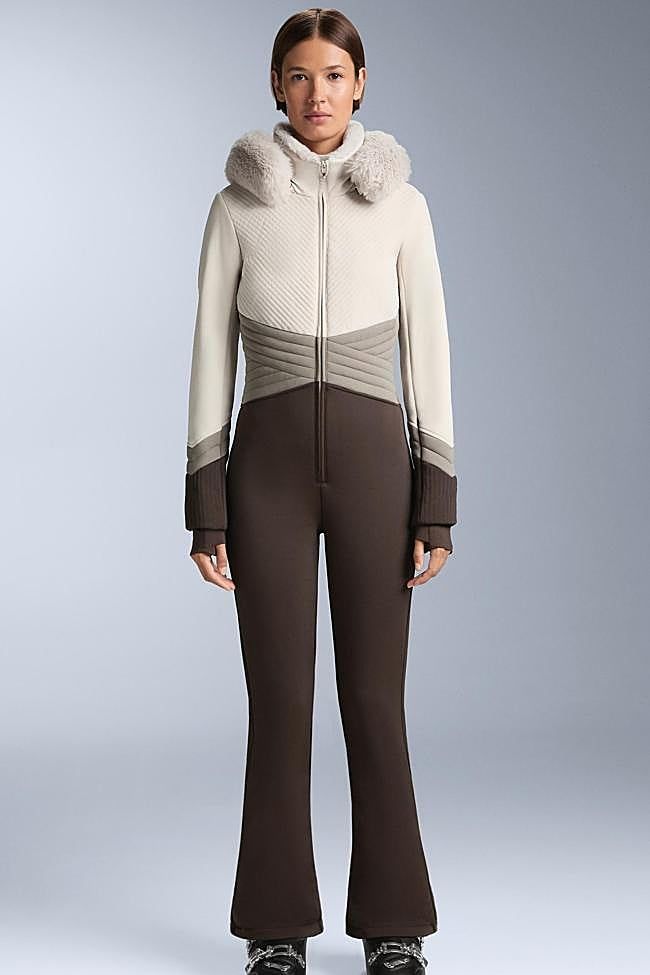 Cream, Grey, and Brown Quilted Ski Suit with Faux Fur Collar Cream, Grey, and Brown Quilted Ski Suit with Faux Fur Collar — Ski Outfits for Women 2027