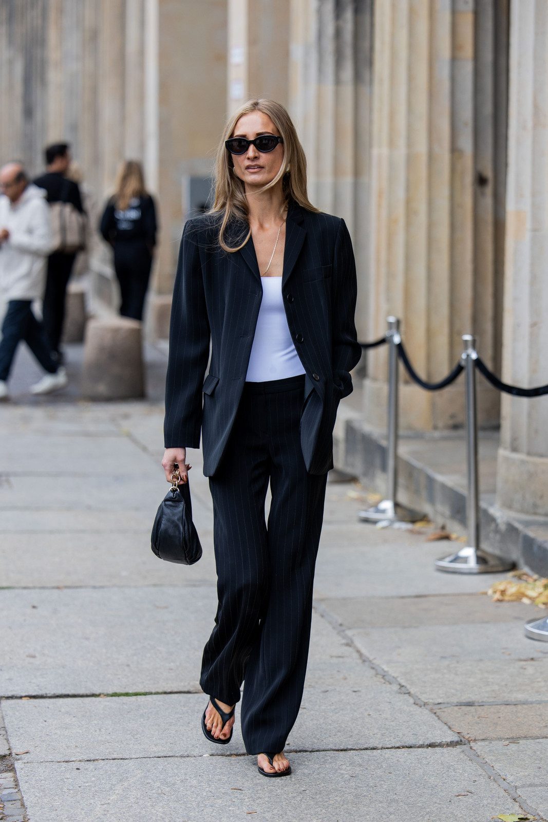 Pinstripe Blazer and Wide-Leg Trousers with Black Thong Sandals Pinstripe Blazer and Wide-Leg Trousers with Black Thong Sandals — Summer Outfits 2027 with Sandals