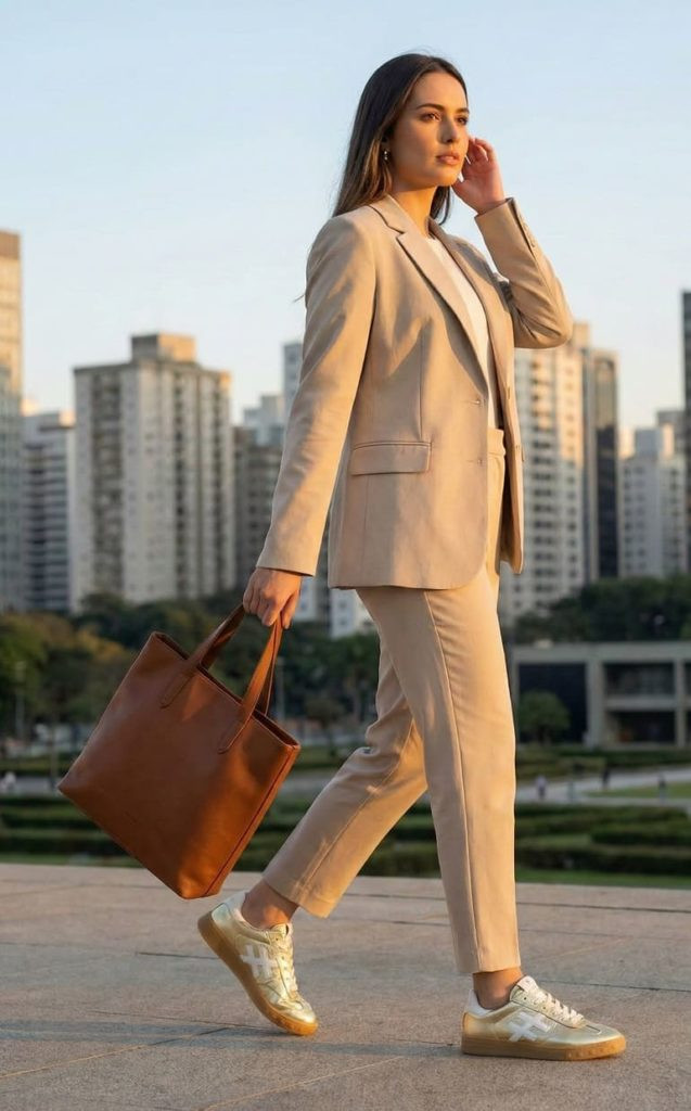 Relaxed Beige Suit with Gold Sneakers for Smart Casual Relaxed Beige Suit with Gold Sneakers for Smart Casual — Spring Outfits 2027 with Sneakers