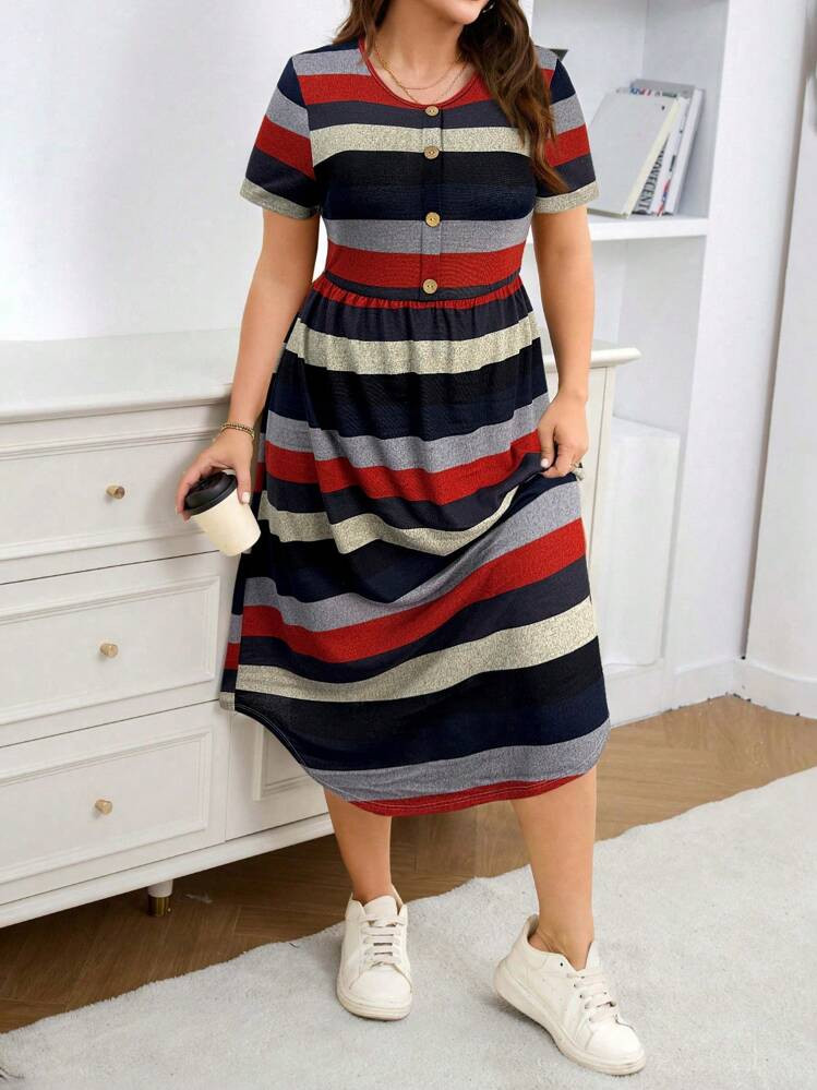Striped Knit Midi Dress with A-Line Skirt Striped Knit Midi Dress with A-Line Skirt — Modest Dresses 2027