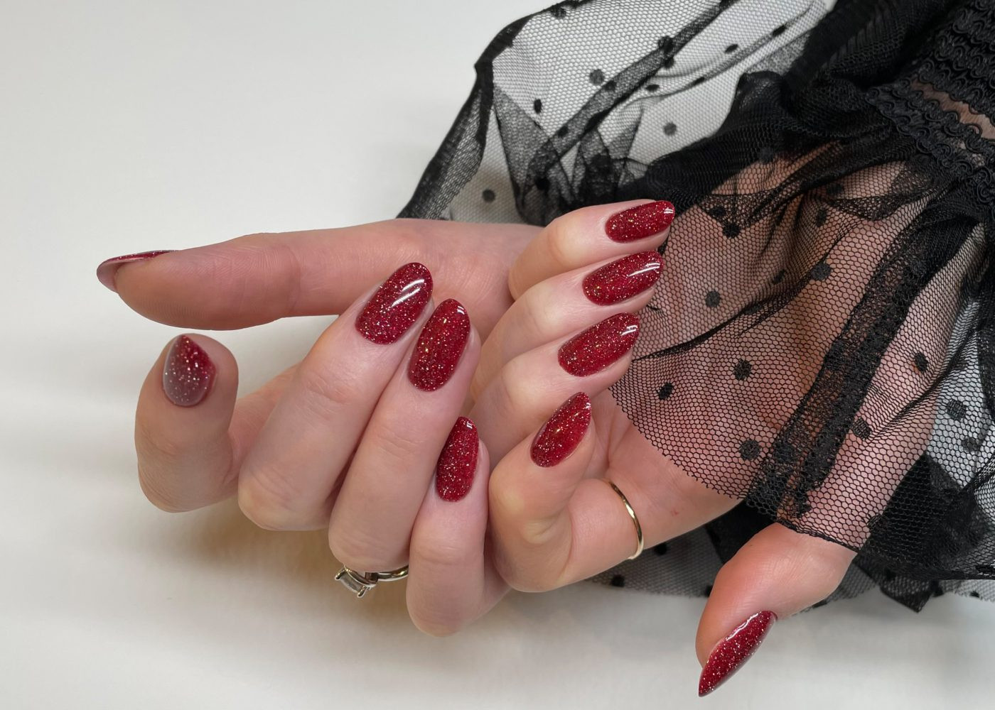 Deep Red with Dense Gold Glitter Overlay Deep Red with Dense Gold Glitter Overlay — Burgundy Christmas Nails 2026