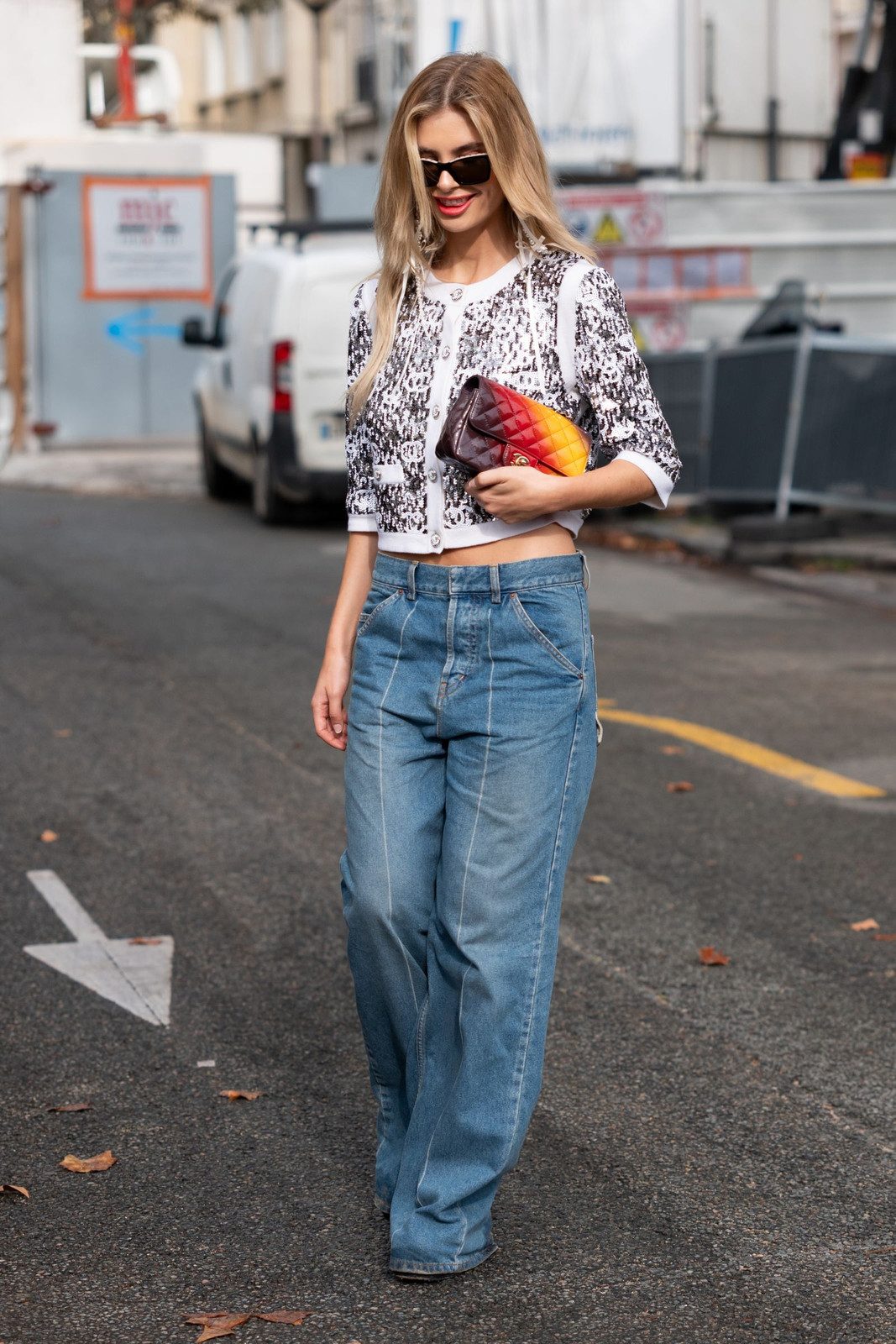 Cropped Cardigan and Multicolor Clutch with Blue Jeans — Wide Leg Jeans Outfits 2027