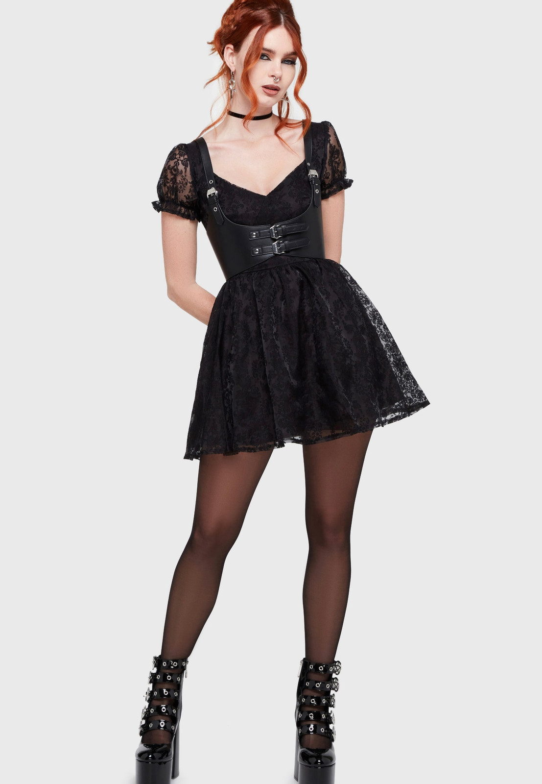 Edgy Elegance: Lace Dress with Leather Corset Belt and Platform Boots Edgy Elegance: Lace Dress with Leather Corset Belt and Platform Boots — Gothic Romantic Outfits 2027
