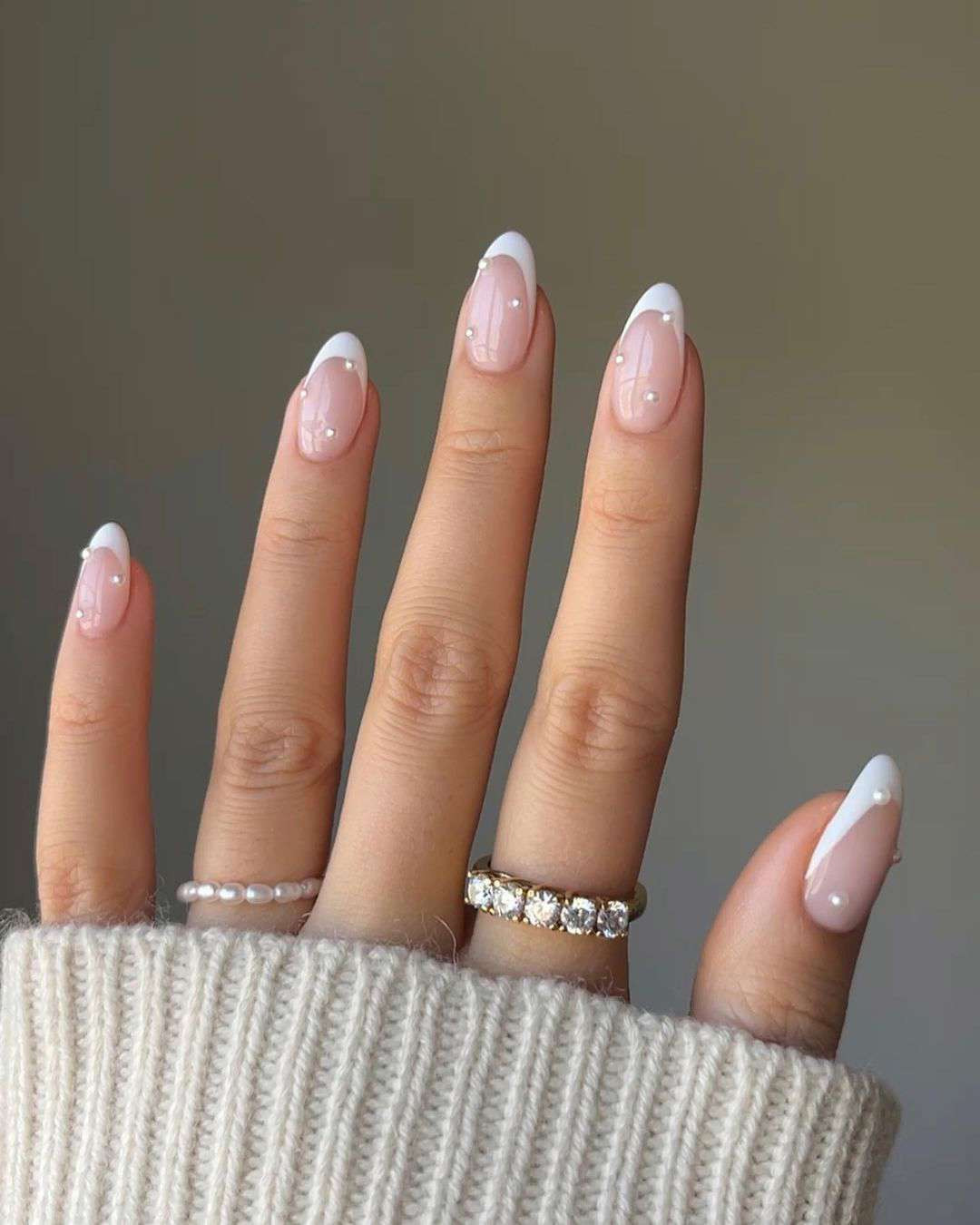 Scattered Small Pearls On French Tips Visual Idea Scattered Small Pearls On French Tips Visual Idea — Nude Wedding Nails 2027