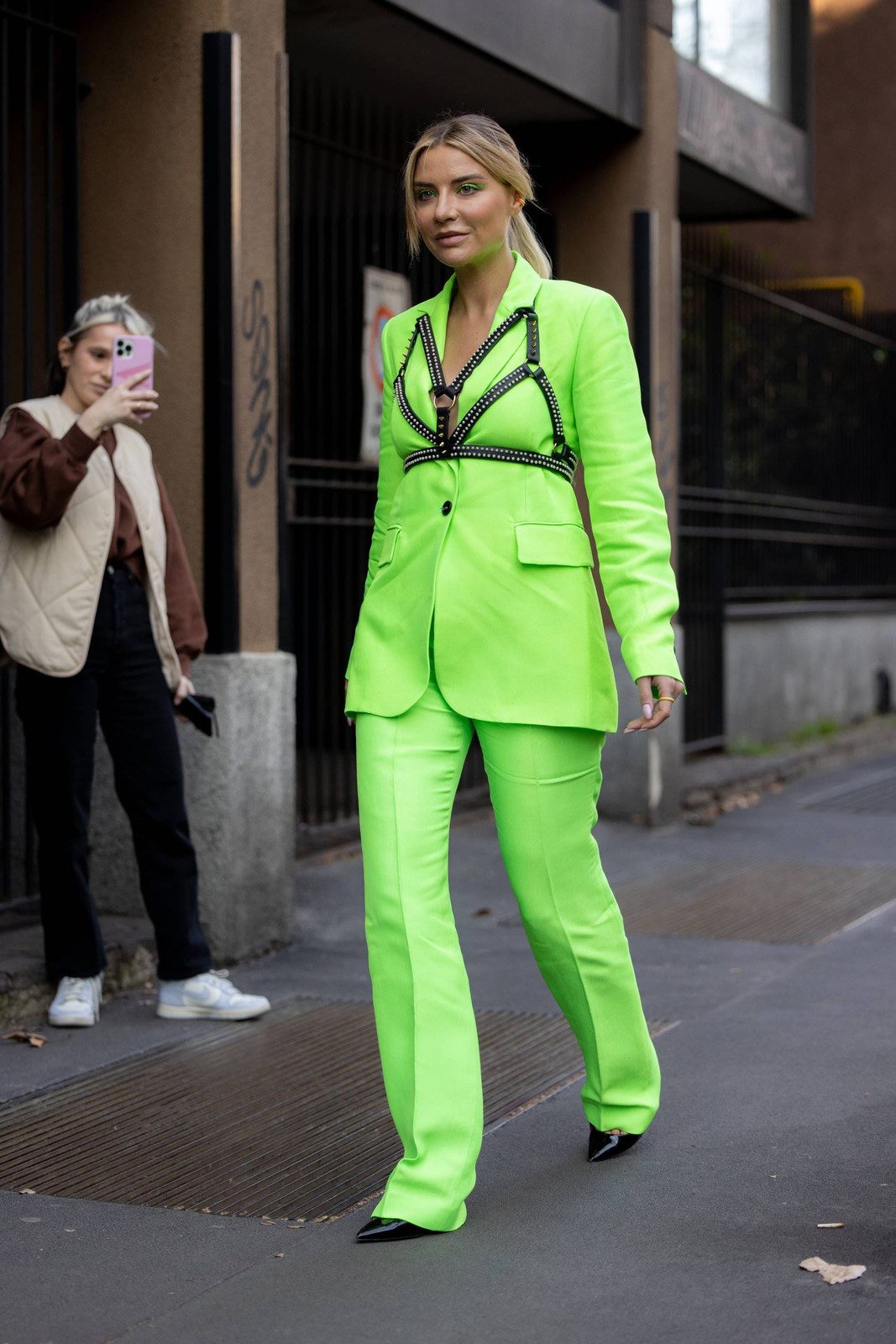 Neon Green Blazer Black Harness Top Outfit Idea Neon Green Blazer Black Harness Top Outfit Idea — Spring Outfits 2027 with Blazer