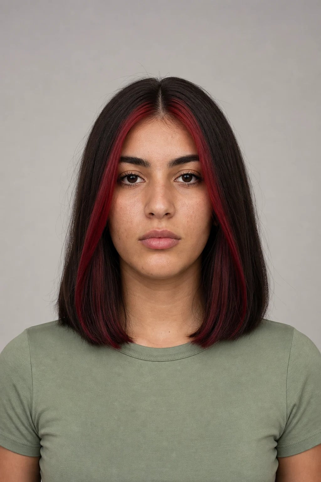 Chin Face-Framing Pieces Dark Brown Bob With Cherry Red Money Piece Chin Face-Framing Pieces Dark Brown Bob With Cherry Red Money Piece — Money Piece Bob 2027