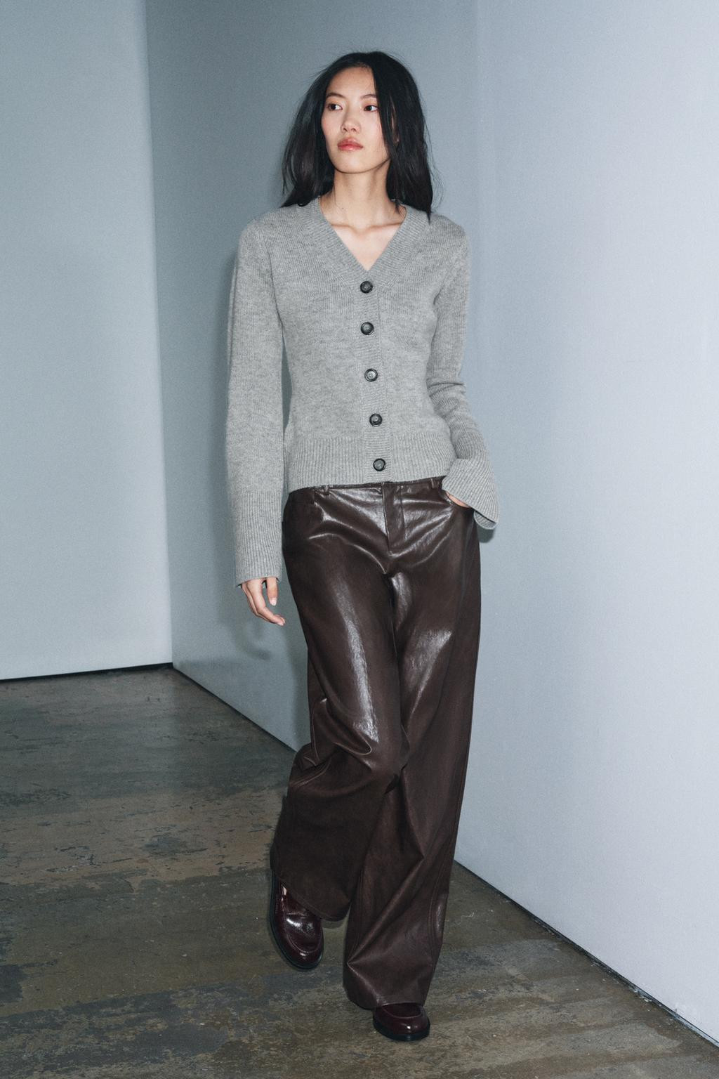 Grey V-Neck Cardigan with Faux Leather Trousers Grey V-Neck Cardigan with Faux Leather Trousers — Fall Capsule Wardrobe 2026