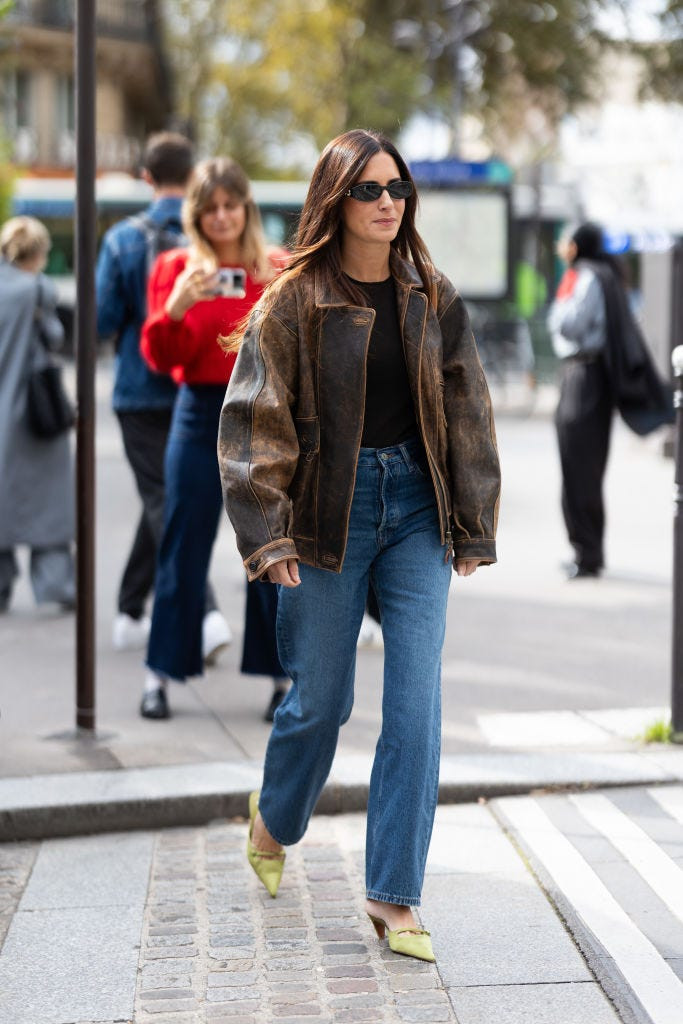 Lime Green Heeled Mules Outfit Idea Lime Green Heeled Mules Outfit Idea — Fall Leather Jacket Outfits 2026