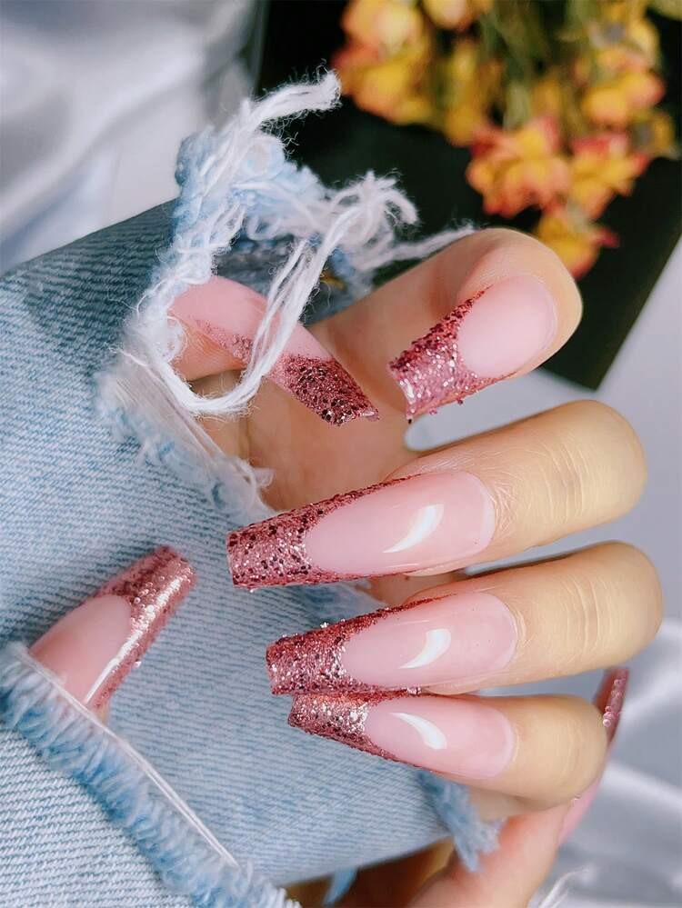 Rose Gold Glitter French Tip Coffin Nails Rose Gold Glitter French Tip Coffin Nails — Frosted Nails 2027