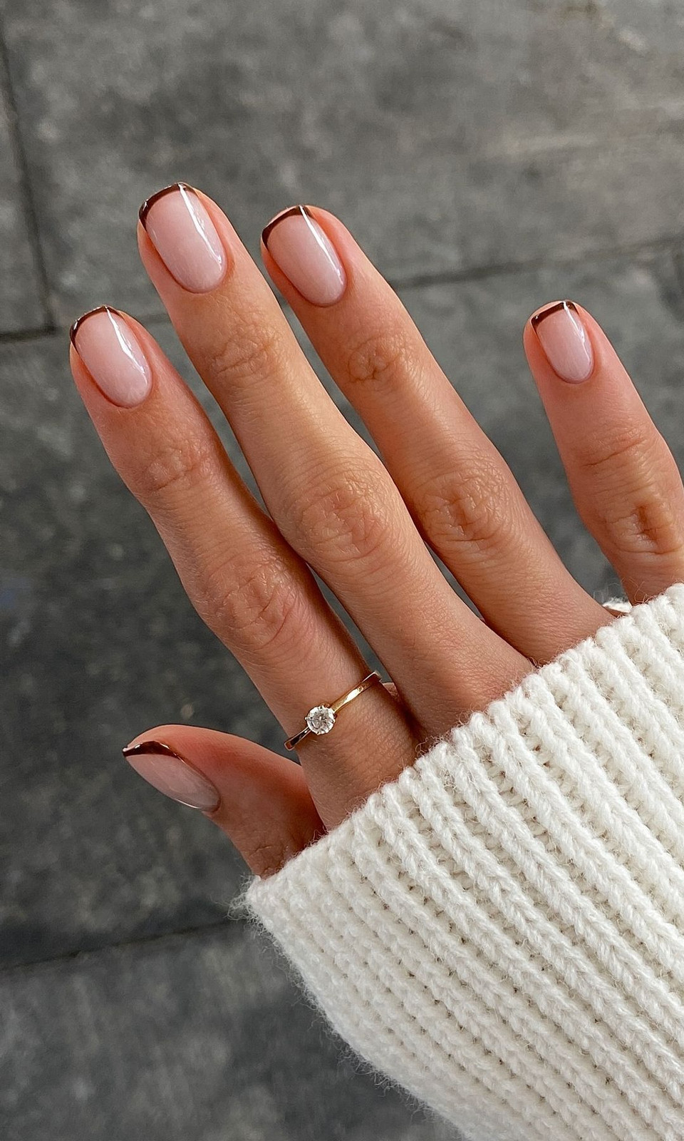 Thin Metallic Copper French Short Ovals Thin Metallic Copper French Short Ovals — Winter French Tip Nails 2027