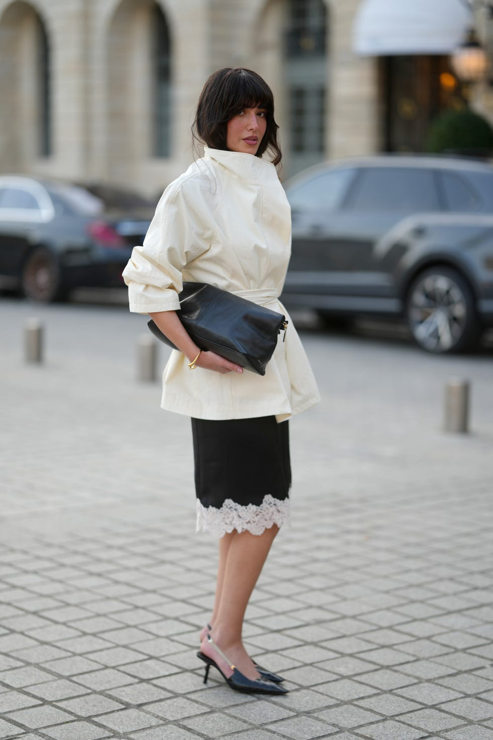 Cream Oversized Jacket and Lace-Trimmed Black Skirt for Chic Contrast — Slip Skirt Outfits 2027