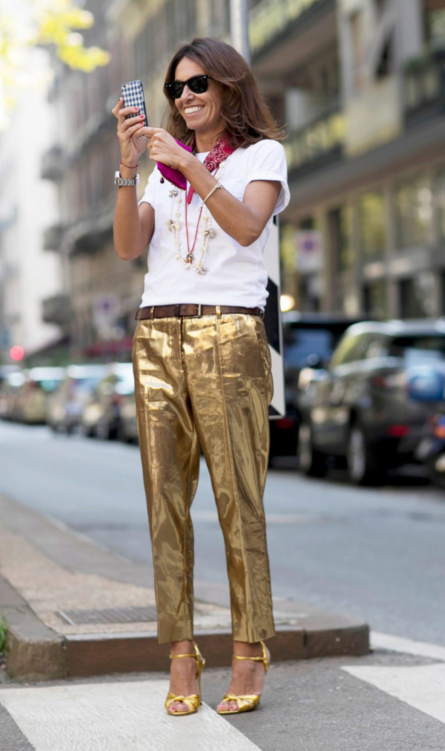 Effortless Style: Gold Trousers with White Tee Effortless Style: Gold Trousers with White Tee — Gold Outfits 2027