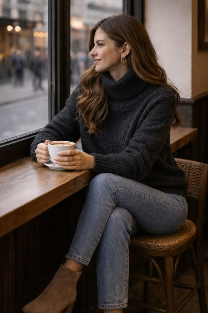 Charcoal Chunky Knit Turtleneck with Straight Leg Jeans Charcoal Chunky Knit Turtleneck with Straight Leg Jeans — Turtleneck Sweater Outfits 2027