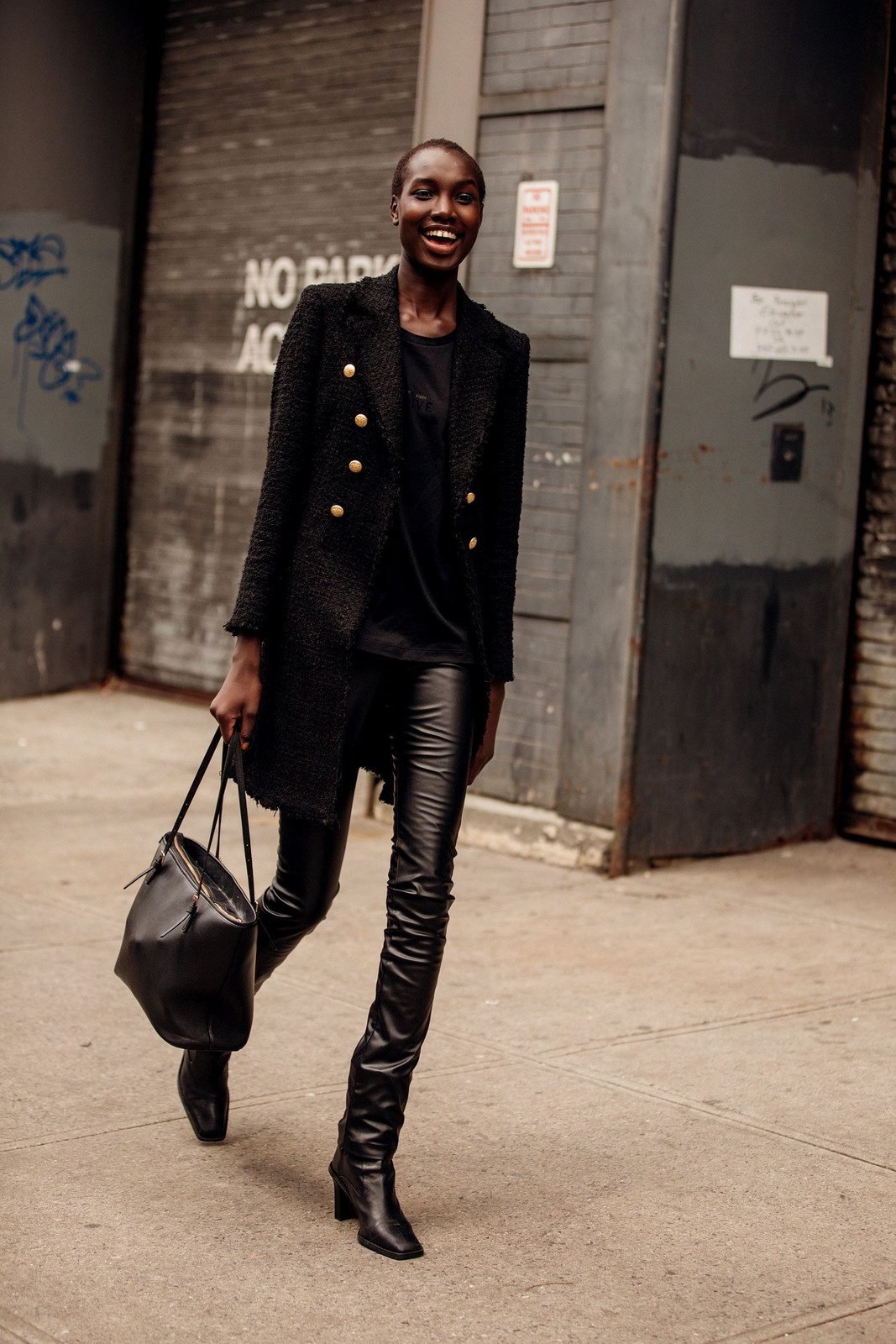 Textured Black Bouclé Coat with Leather Trousers Textured Black Bouclé Coat with Leather Trousers — Outfits 2027 for Black Women