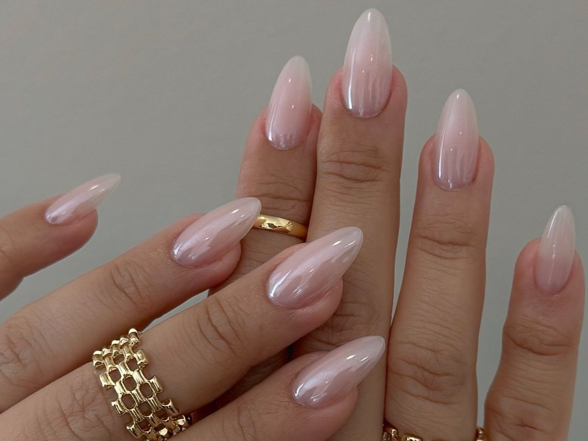 Pearlescent Chrome Milky Almond Nails Pearlescent Chrome Milky Almond Nails — Mom Nails 2027