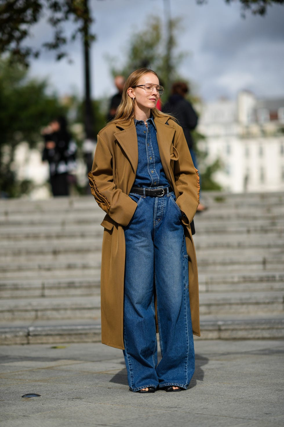 Denim Shirt Under an Oversized Camel Trench Coat Denim Shirt Under an Oversized Camel Trench Coat — Denim Shirt Outfits 2027
