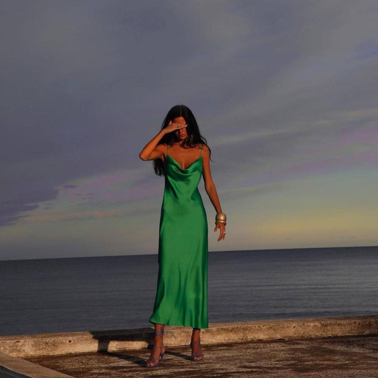 Coastal Chic: A Green Satin Slip Dress by the Sea Coastal Chic: A Green Satin Slip Dress by the Sea — Satin Dresses 2027