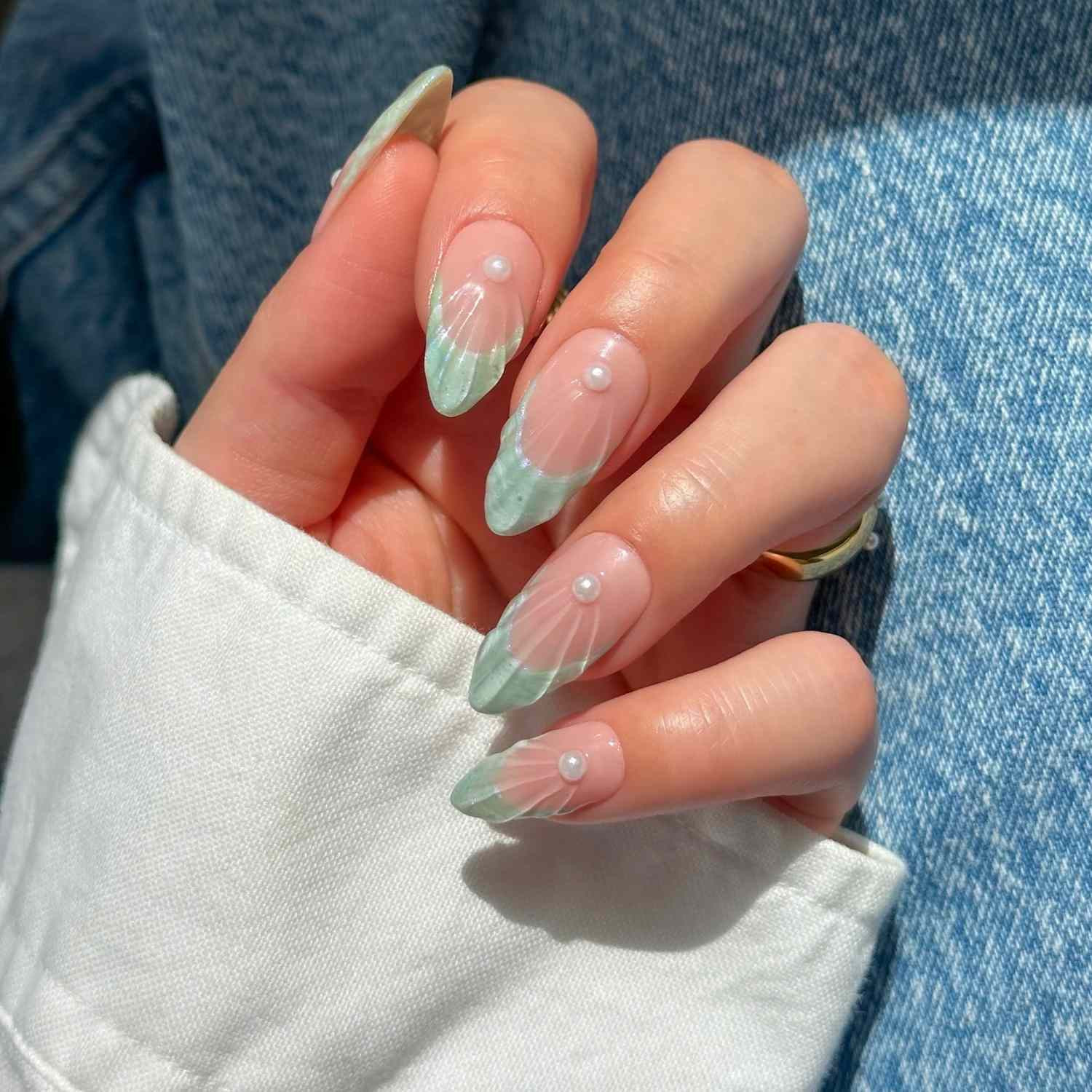 Pearl Accented Green French Almond Nails Pearl Accented Green French Almond Nails — Summer French Tip Nails 2027
