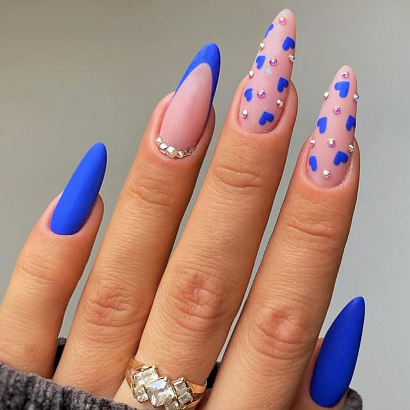 Blue Matte & Glossy with Hearts — Prom Almond Nails 2027