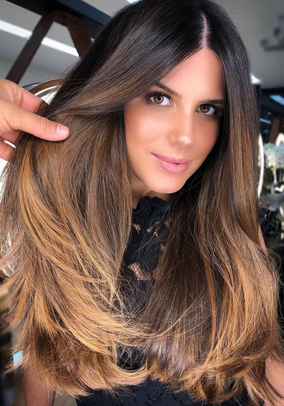Seamless Caramel Balayage On Long Dark Hair — Caramel Balayage 2027