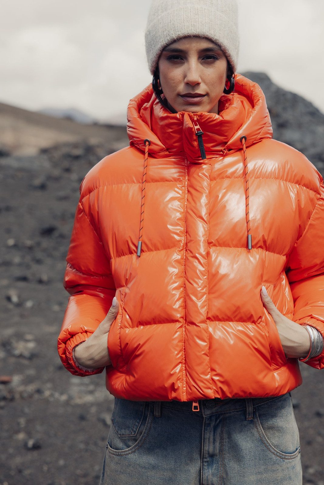 Bright Orange Statement Puffer with Beanie Bright Orange Statement Puffer with Beanie — Cropped Puffer Outfits 2027