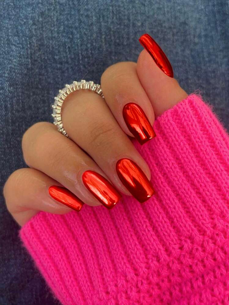 Vibrant Red Mirror Chrome Squares Vibrant Red Mirror Chrome Squares — Red Chrome Nails 2027