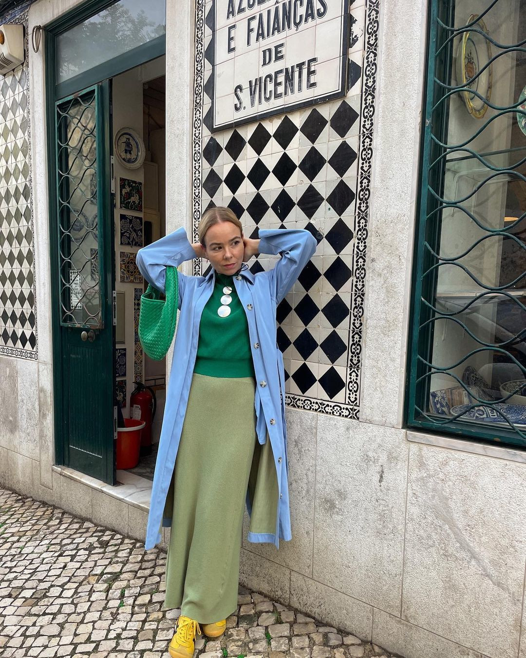 Blue Trench Coat Over Green Knitwear and Long Skirt Blue Trench Coat Over Green Knitwear and Long Skirt — Lisbon Outfits 2027