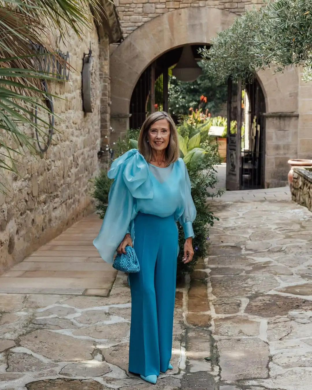 Dramatic Bright Blue Organza Blouse with Wide-Leg Trousers Dramatic Bright Blue Organza Blouse with Wide-Leg Trousers — Mothers Day Church Outfits 2027