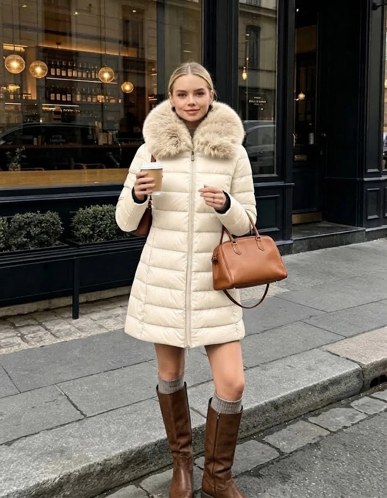 Cream A-Line Puffer Coat with Fur Collar — Winter Outfits 2027 with Puffer